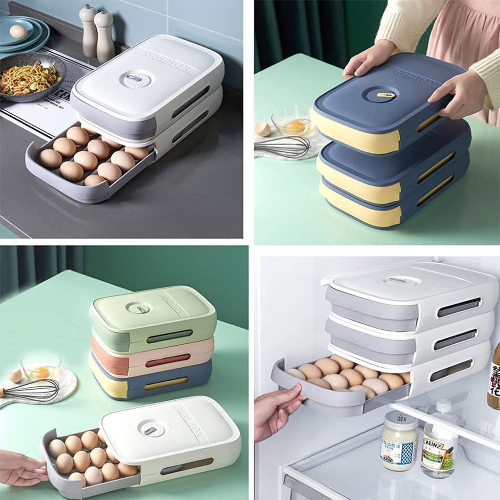 Close-up of the pull-out drawer mechanism of the plastic egg container in a fridge setting.