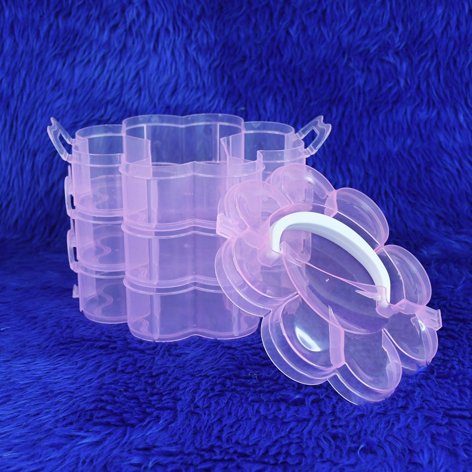 Open flower-shaped 3-layer storage box showing nine grid compartments
