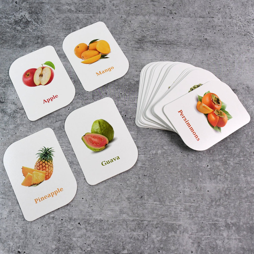 Set of 32 durable fruit flashcards with vibrant images and English names