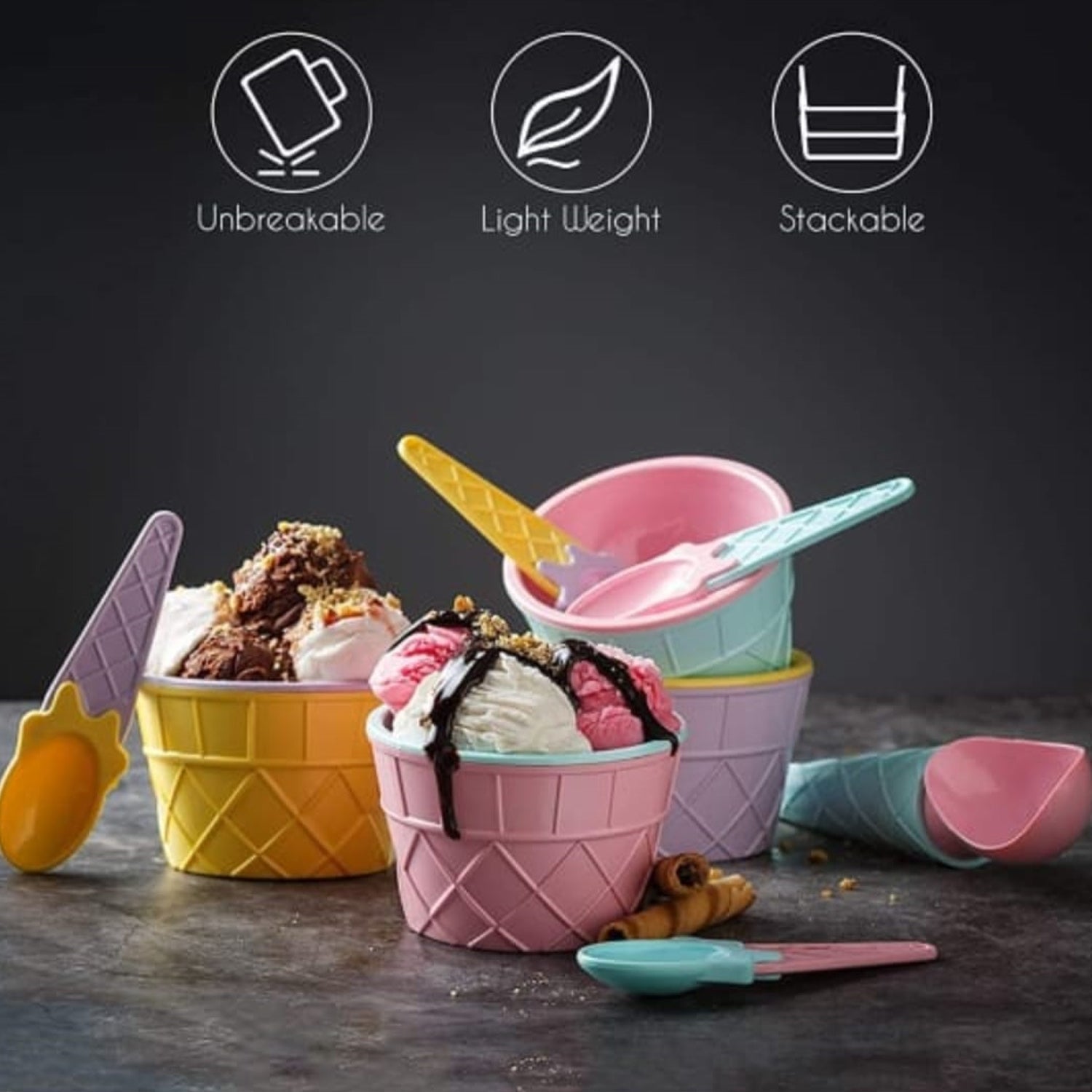 Detailed view of the waffle-textured ice cream bowl.
