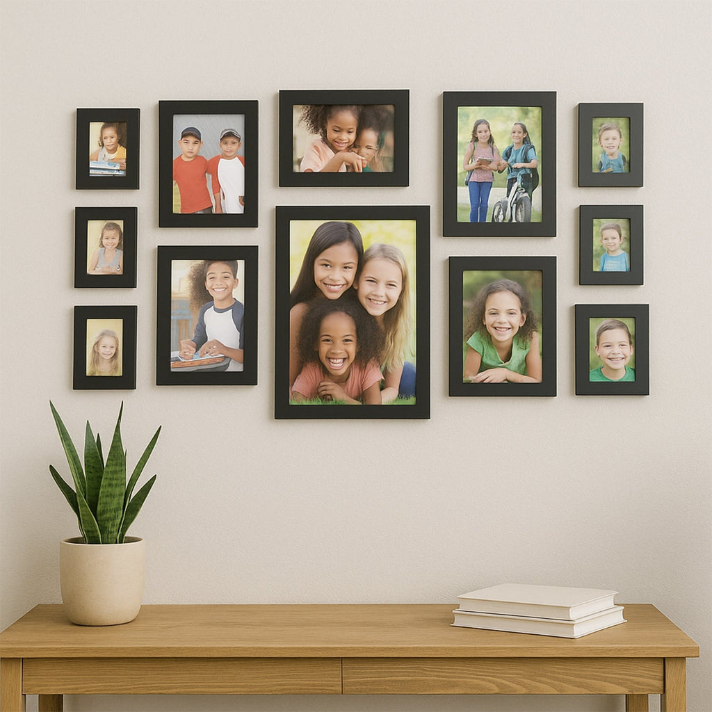 Black photo frames in various sizes from the 12-piece wall hanging set