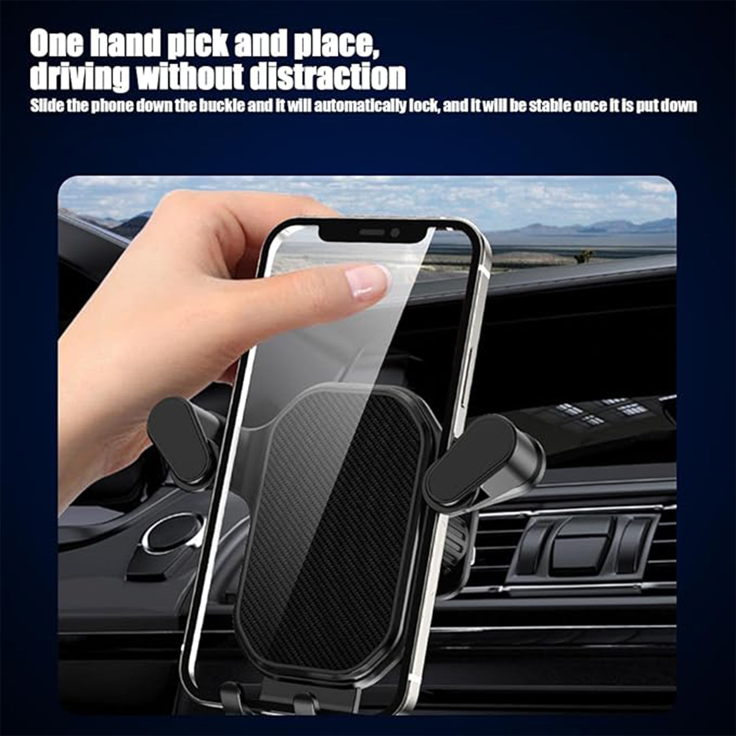 Gravity car phone holder demonstrating 360 degree adjustable rotation with phone