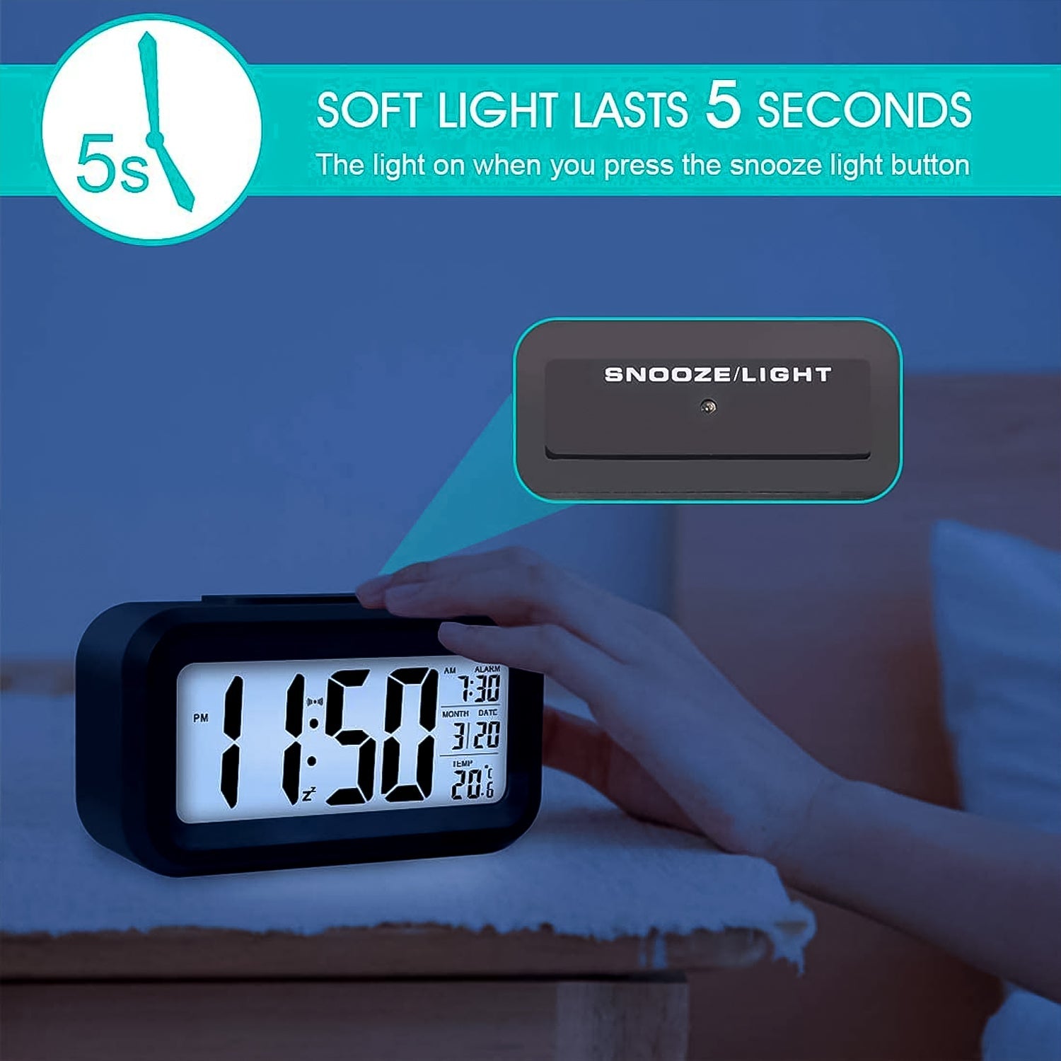 Close-up of soft glow LCD desk alarm clock with temperature display
