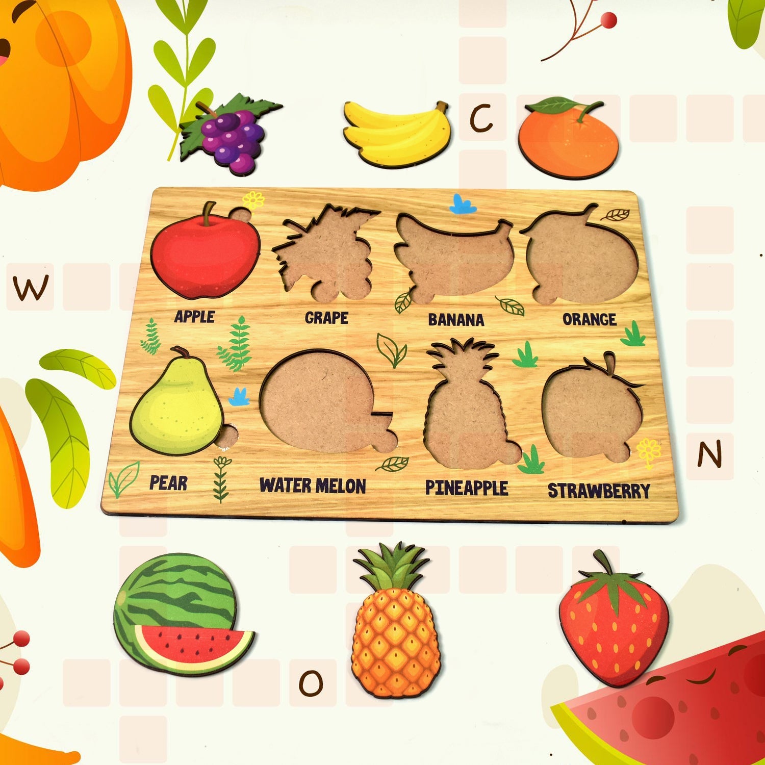 Wooden Fruit Puzzle board with colourful fruit shapes displayed on a white background.