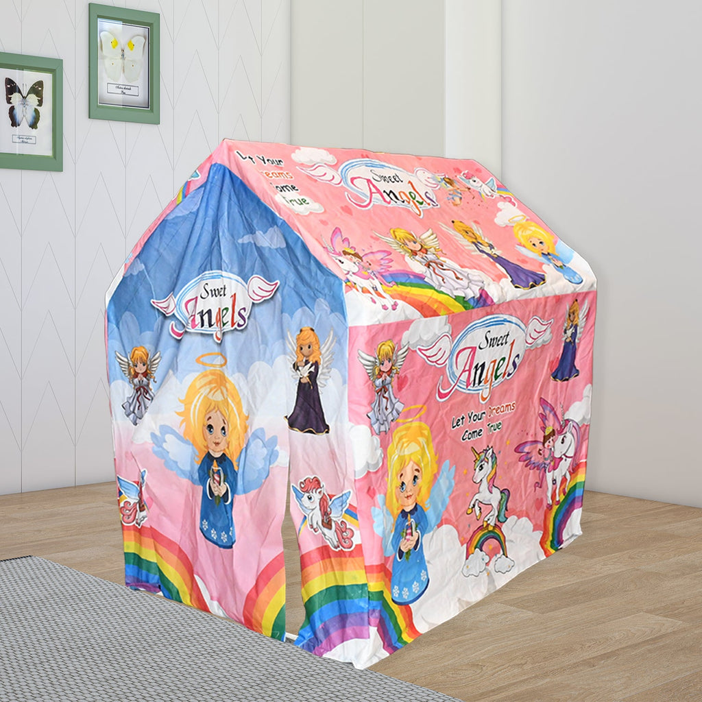 Interior view of the kids play tent house showing the windows and door.