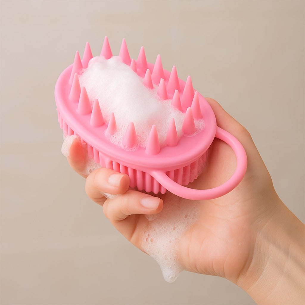 Silicone bath brush with ergonomic handle grip for secure hold
