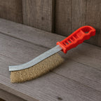Side view of the stainless steel wire hand brush, showing its curved design.