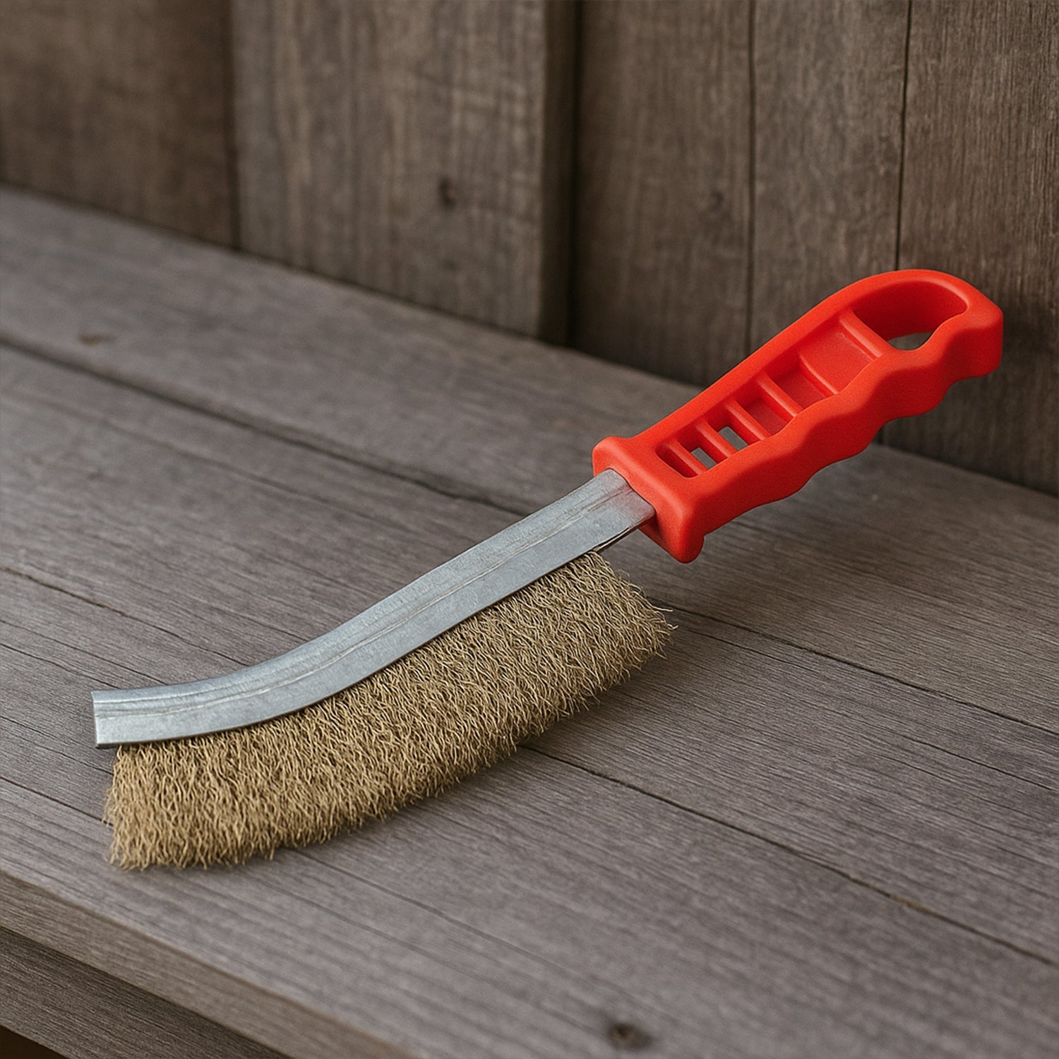 Side view of the stainless steel wire hand brush, showing its curved design.