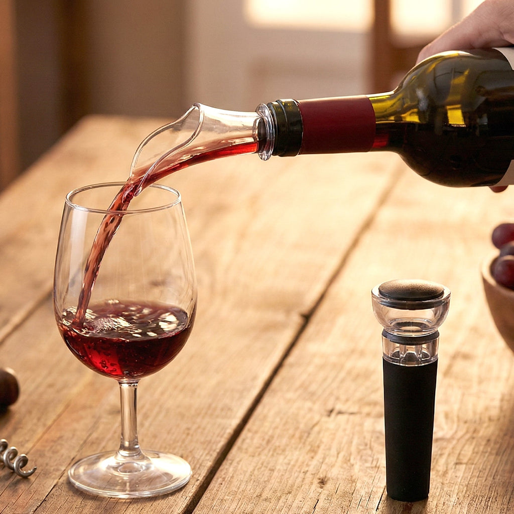 Complete set of wine pourer and vacuum bottle stopper accessories