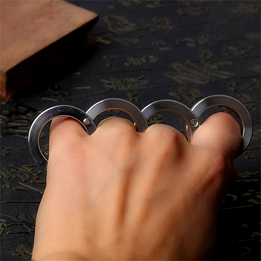 Close-up view of the stainless steel fidget ring mechanism, highlighting its rotating feature.