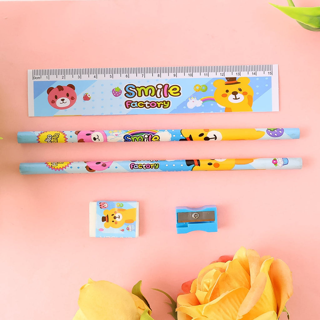 Single wooden pencil featuring a cheerful cartoon character print.