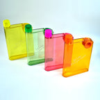 Several colorful notebook-style slim water bottles displayed together, highlighting their compact profile.