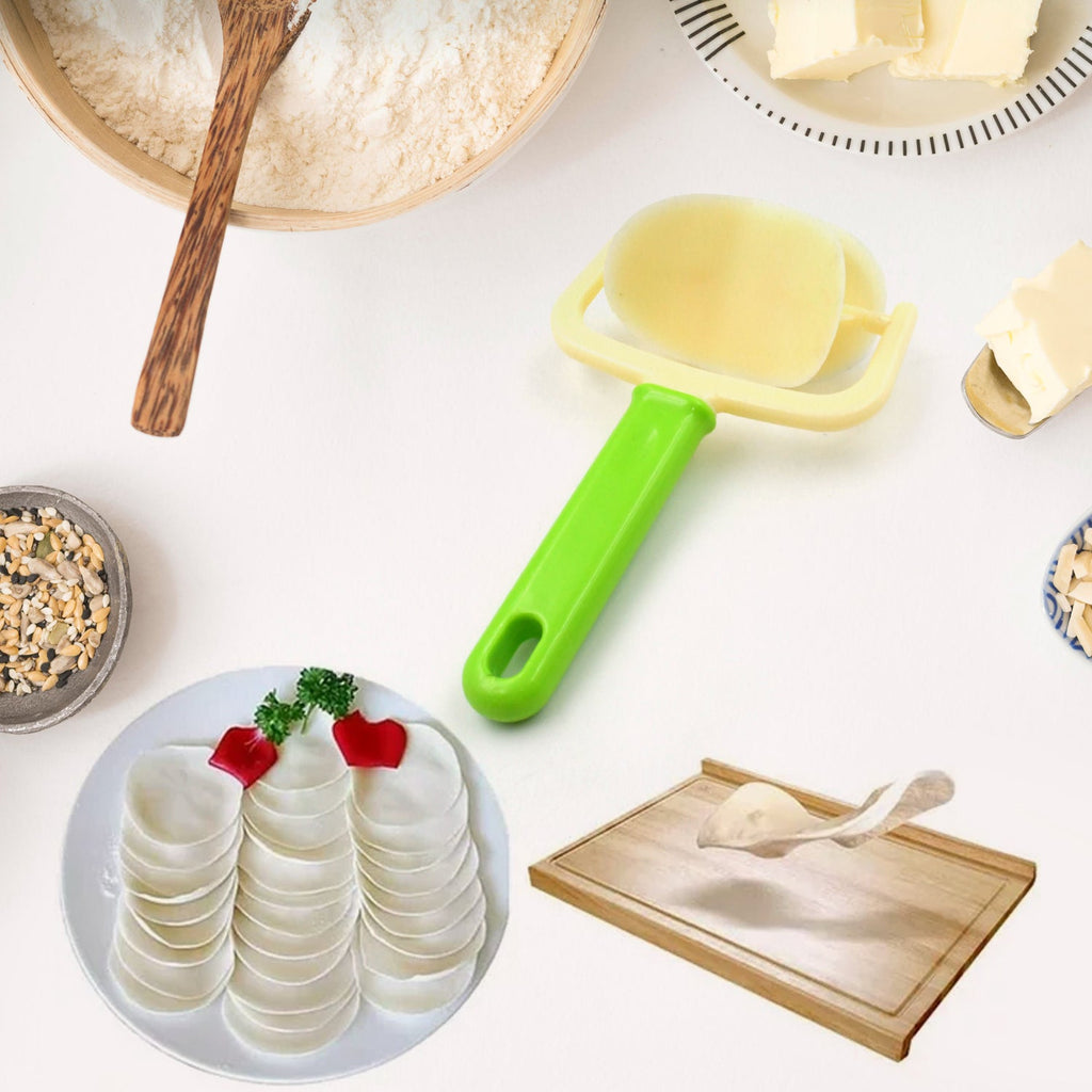 Quickslice dough cutter roller for efficiently shaping dough for puris and rotis.