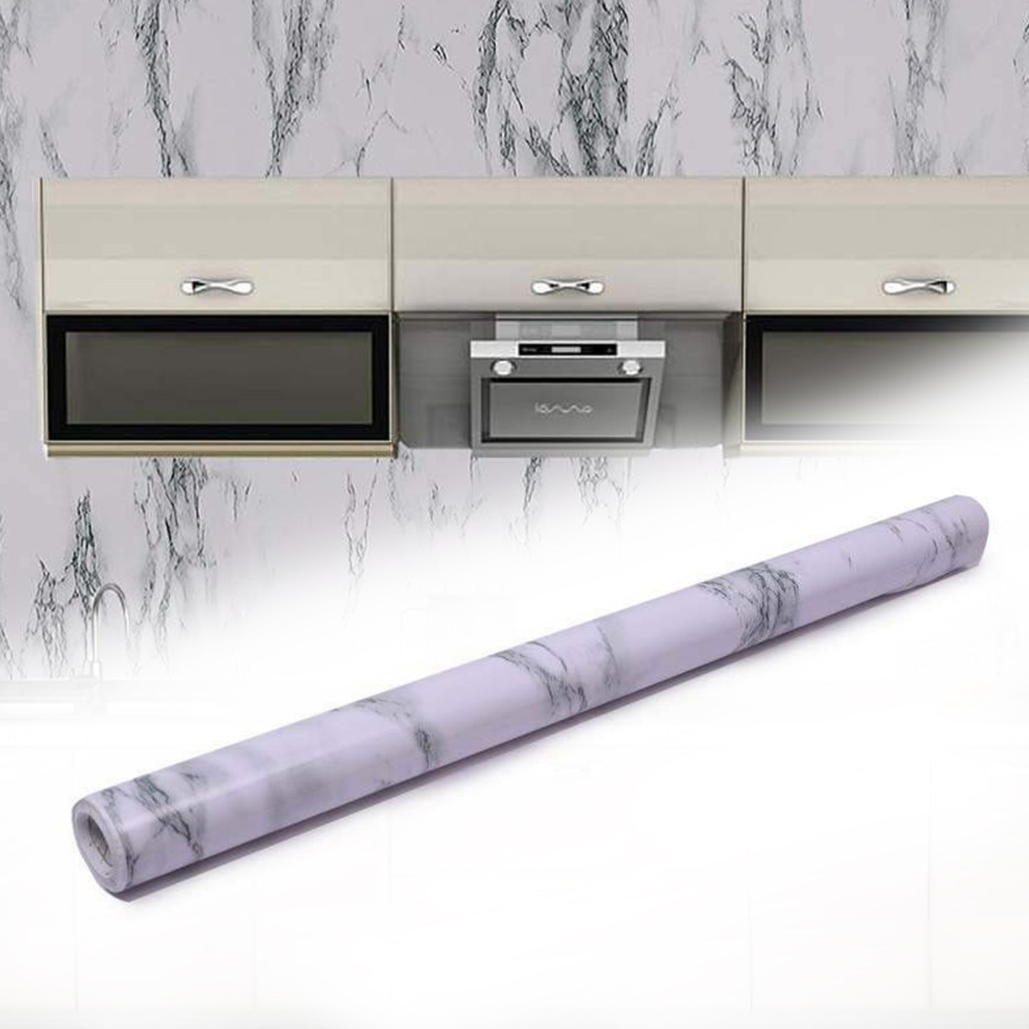 Roll of marble kitchen wallpaper with realistic white and grey pattern