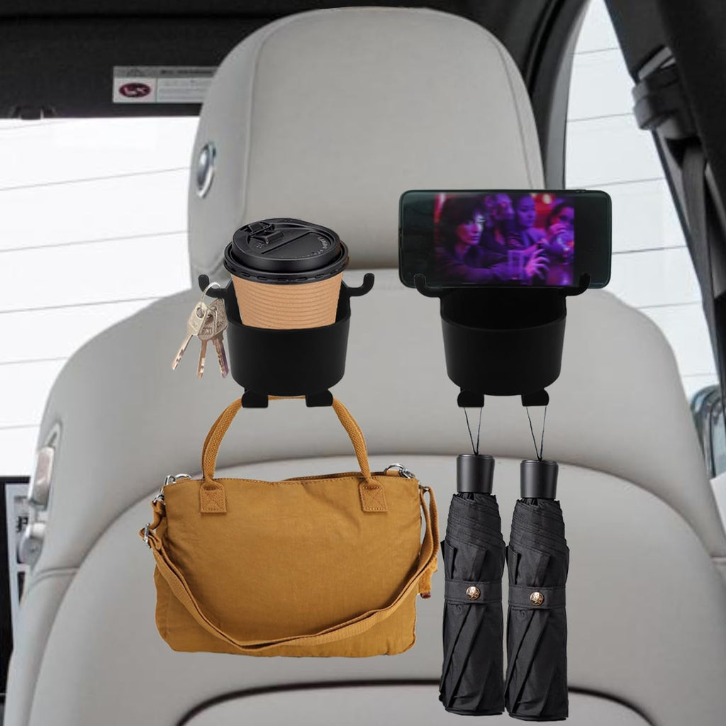 Plastic car headrest organizer cupholder showing compatibility with various bottle sizes
