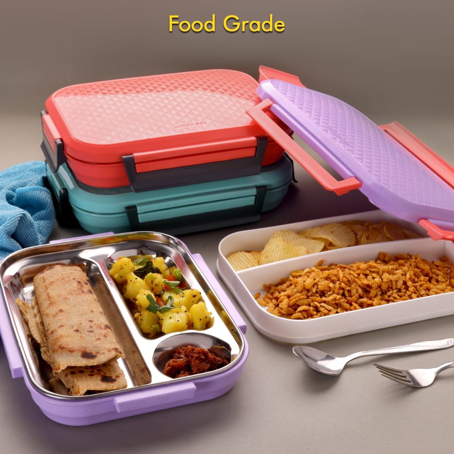 Durable steel lunch box featuring multiple compartments and a convenient carry handle.