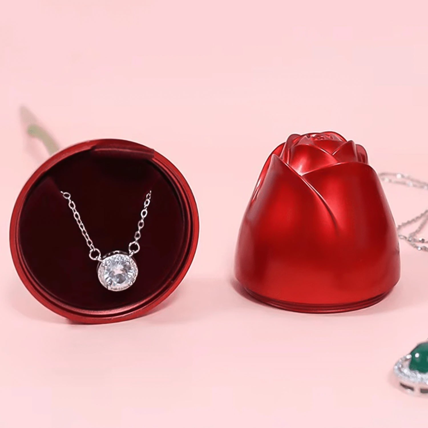 Metal couple jewelry box with a red rose, great for wedding or proposal gifts.