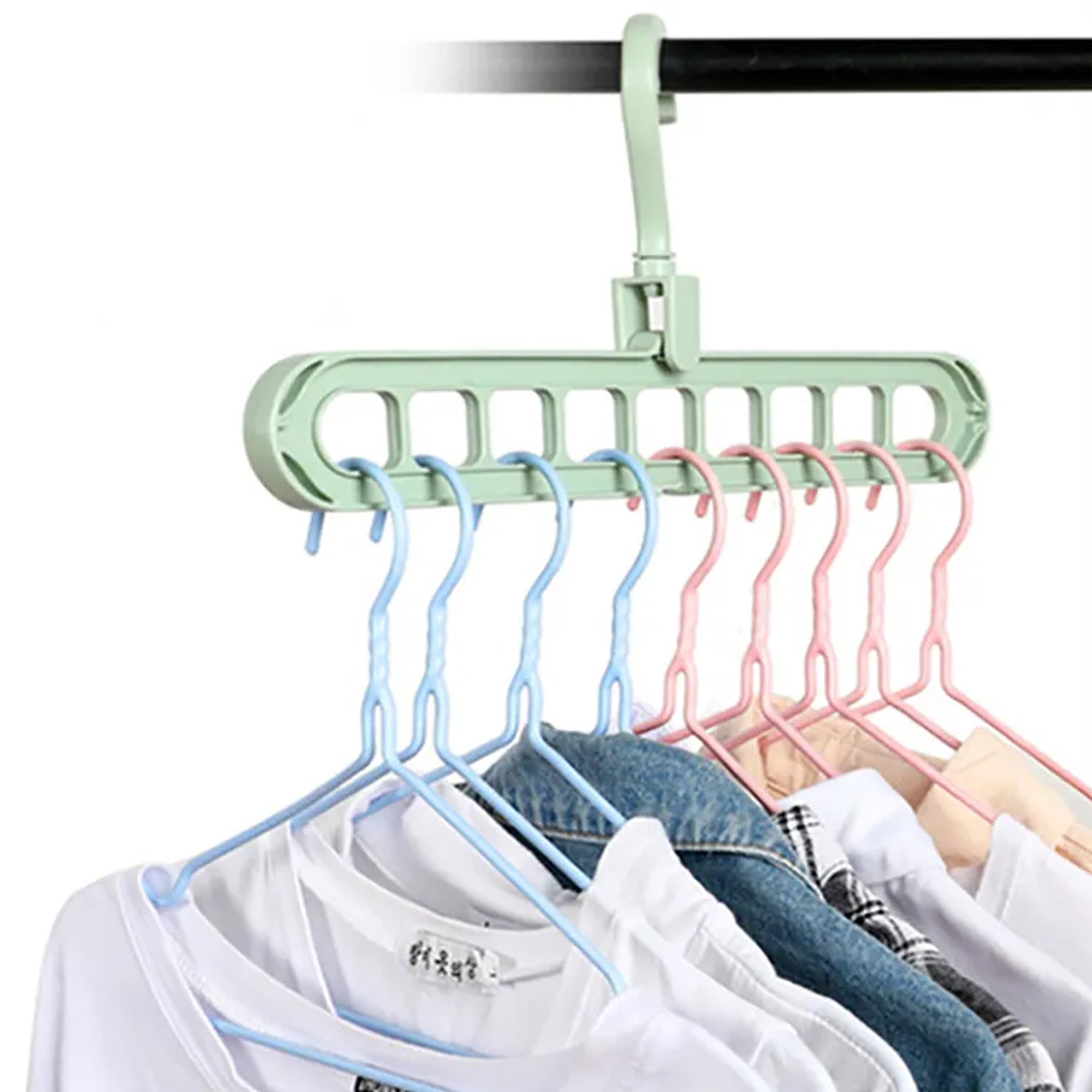 Plastic multi-hole Wardrobe Organizer Hanger in use, showcasing its space-saving design.