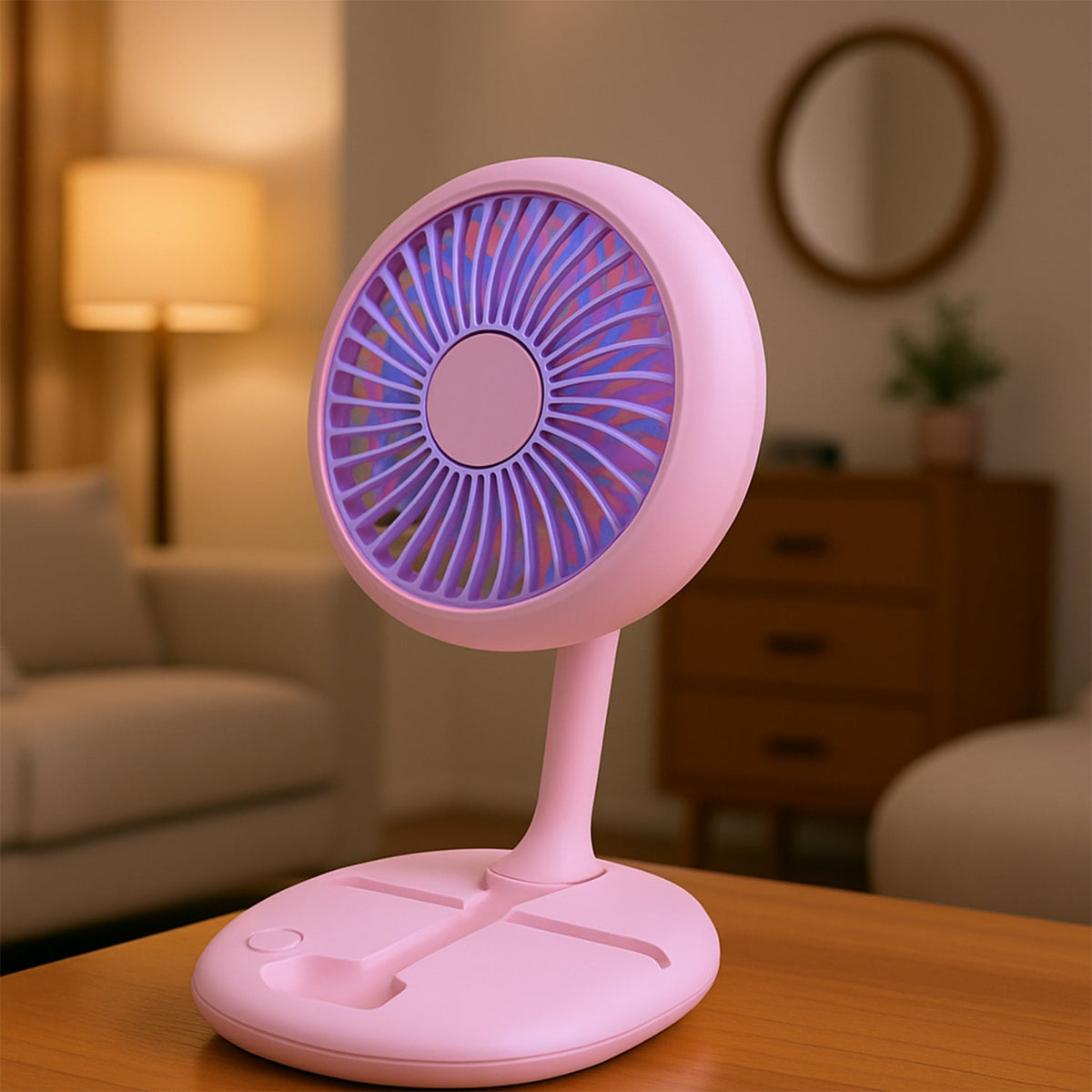 A sleek, USB rechargeable portable fan with integrated LED light, shown in a home setting.