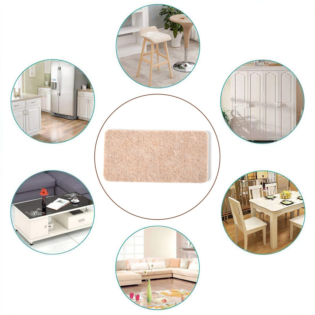 Self-adhesive square felt pads applied to a chair leg, preventing floor damage and noise.