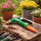 Person using the durable water spray gun to water plants in a garden setting.