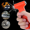Car safety hammer with window breaker and seatbelt cutter shown in hand.