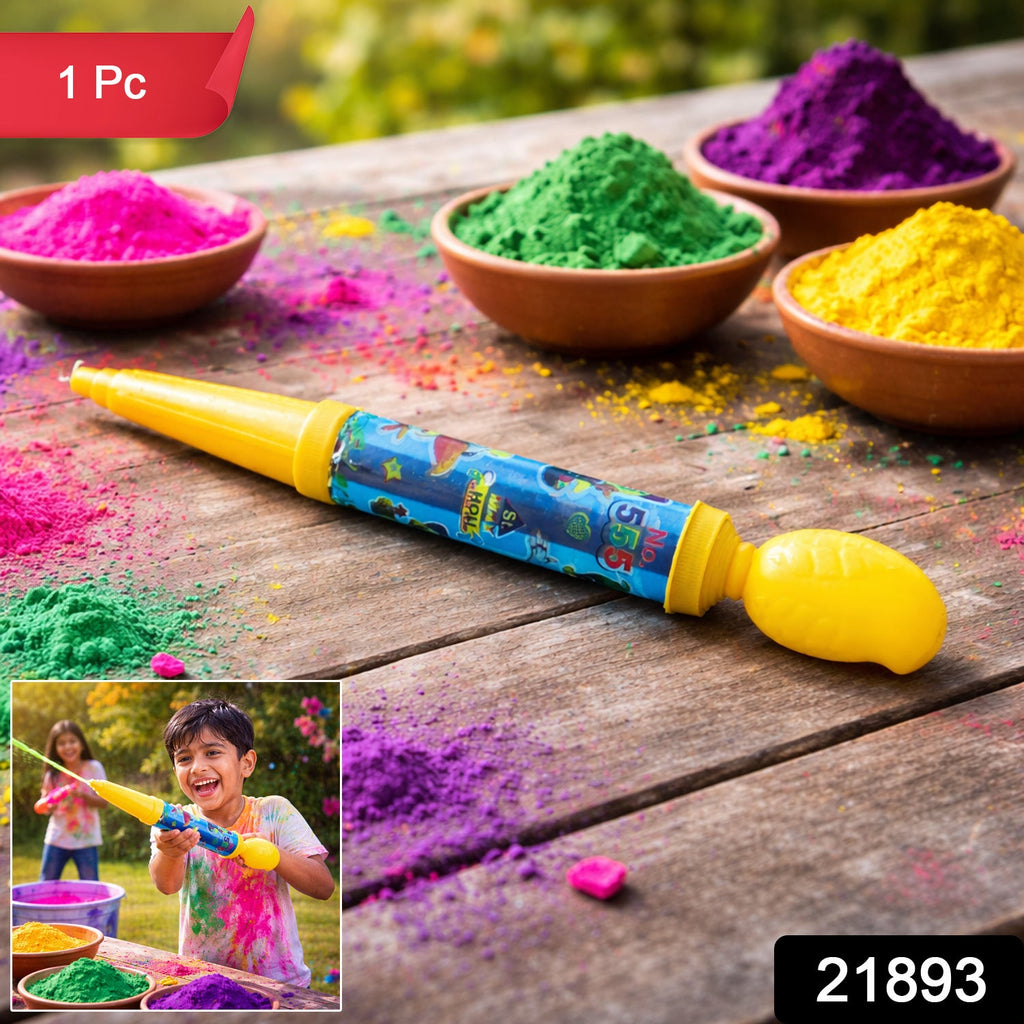 Child holding long distance water gun toy for Holi festival water fights
