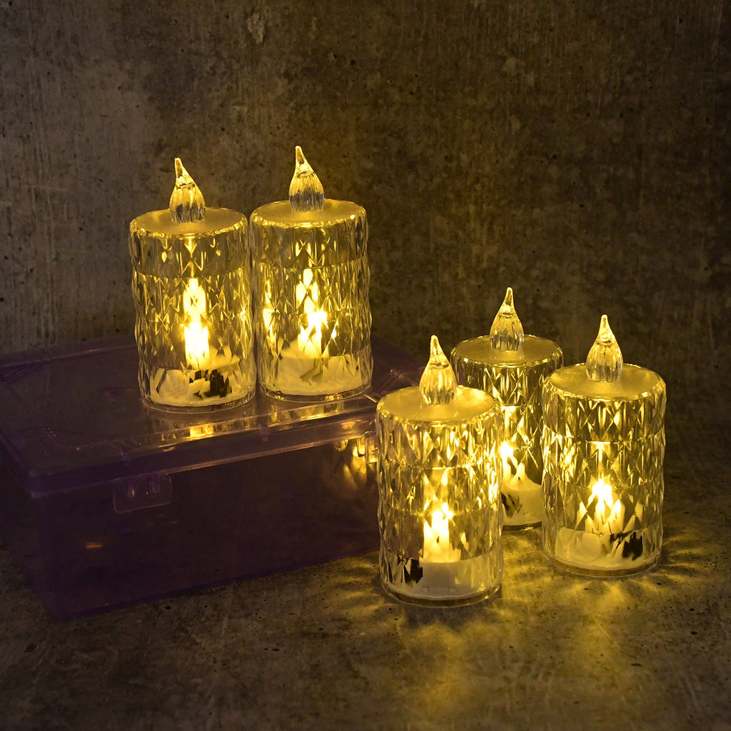 Closeup of LED crystal flameless candle highlighting diamond-cut glass