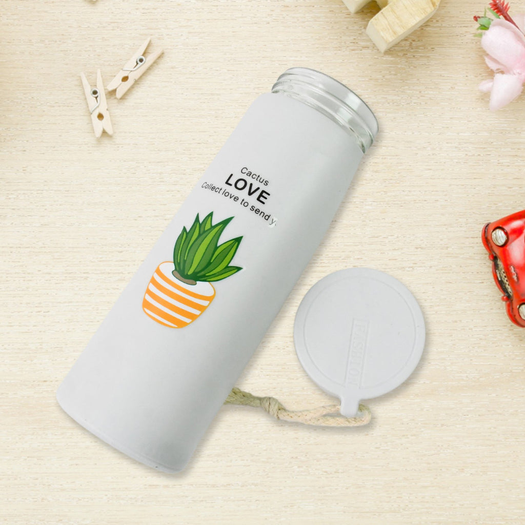 Close-up of the eco-friendly borosilicate glass water bottle, highlighting its clear material and stylish design.