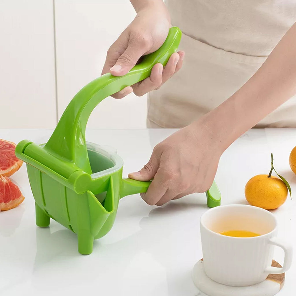 All parts of the manual fruit juicer laid out for assembly.