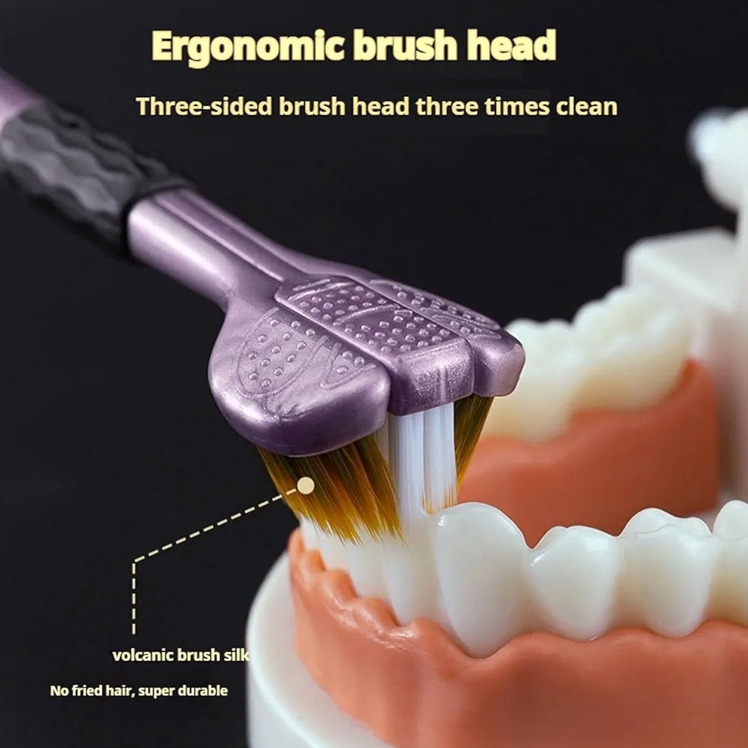 Side view of the 3-Sided Toothbrush head, highlighting its comprehensive cleaning design.