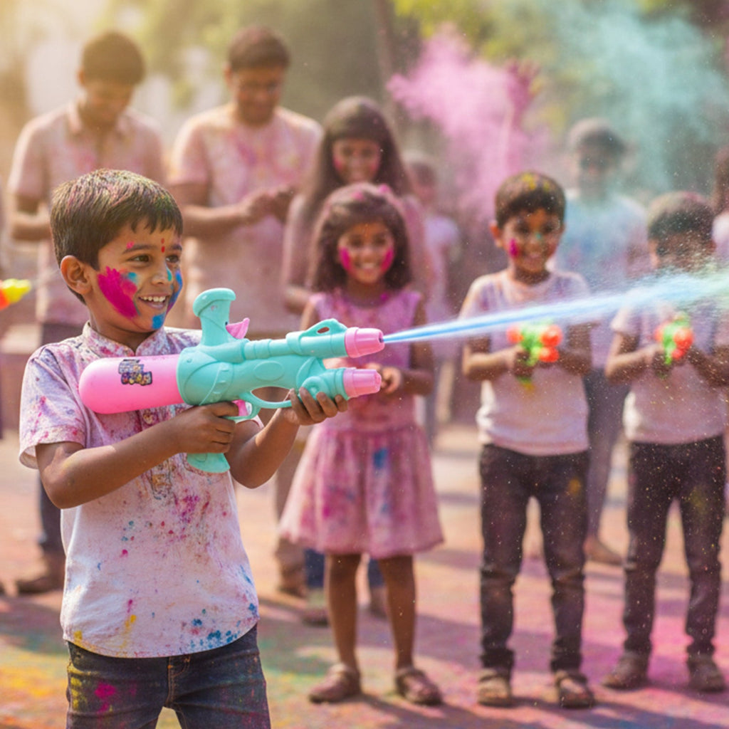 Festive colorful Holi water gun toy with easy pump action