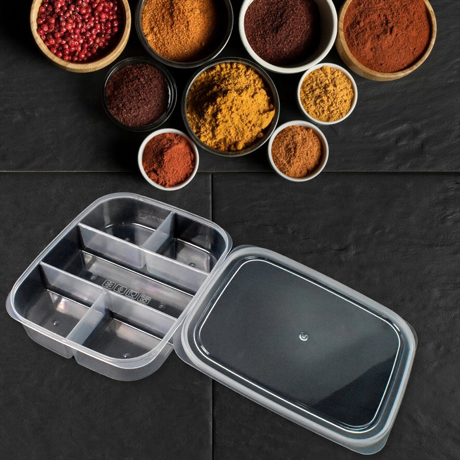 Side profile of the durable plastic 5 compartment lunch box from Lunchie Bunchie.