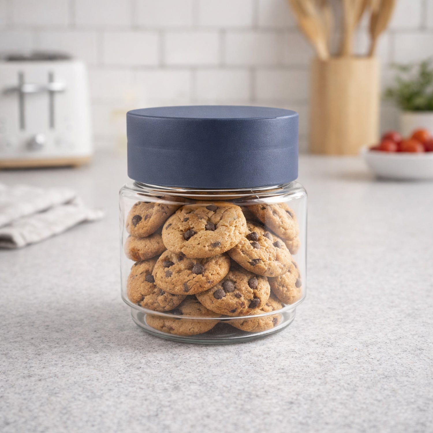 Airtight kitchen storage jar with secure lid and transparent body