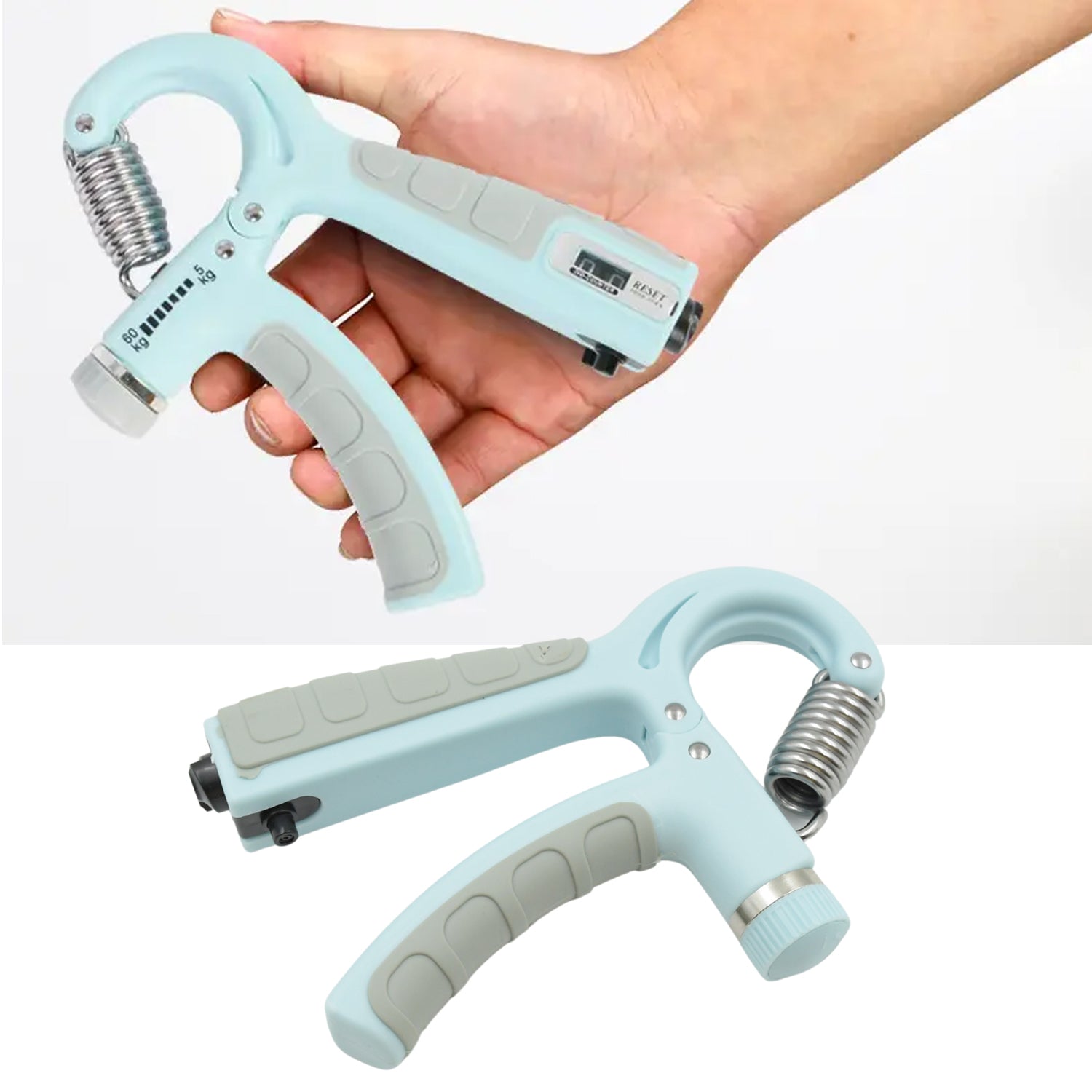 Blue adjustable hand grip strength trainer for forearm exercise.