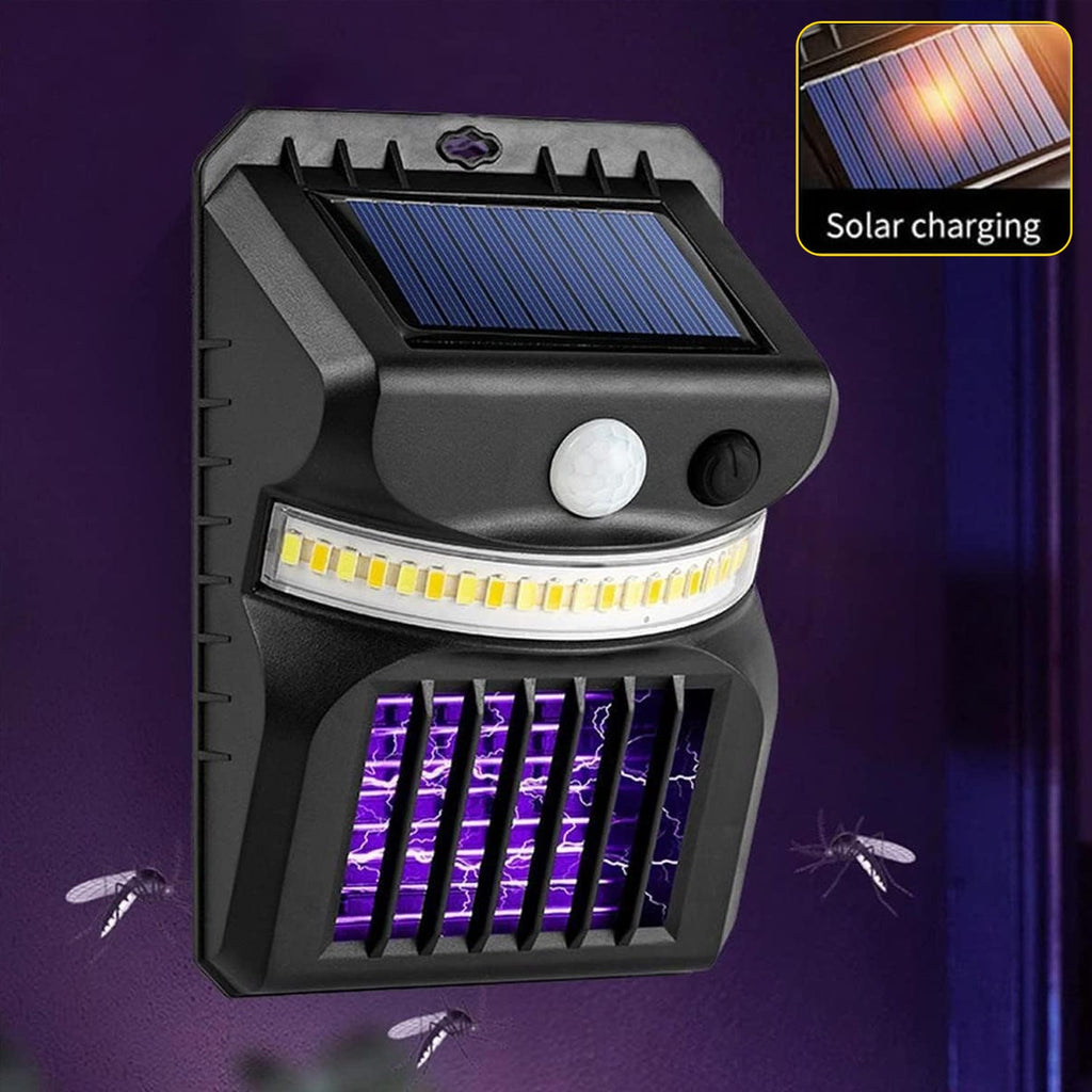 Solar Bug Zapper with motion sensor wall light illuminating an outdoor area.