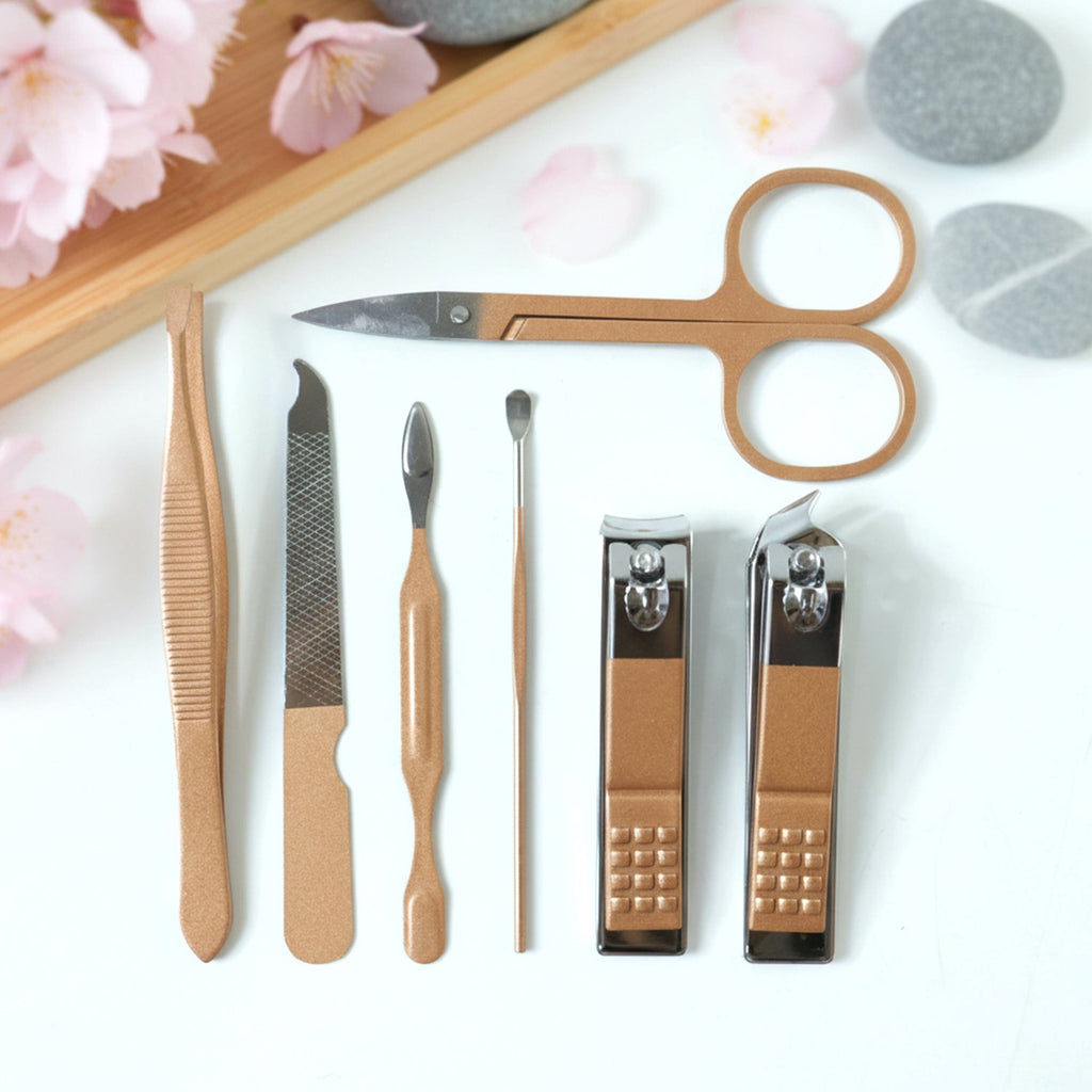 Manicure kit tools arranged for personal nail and eyebrow grooming