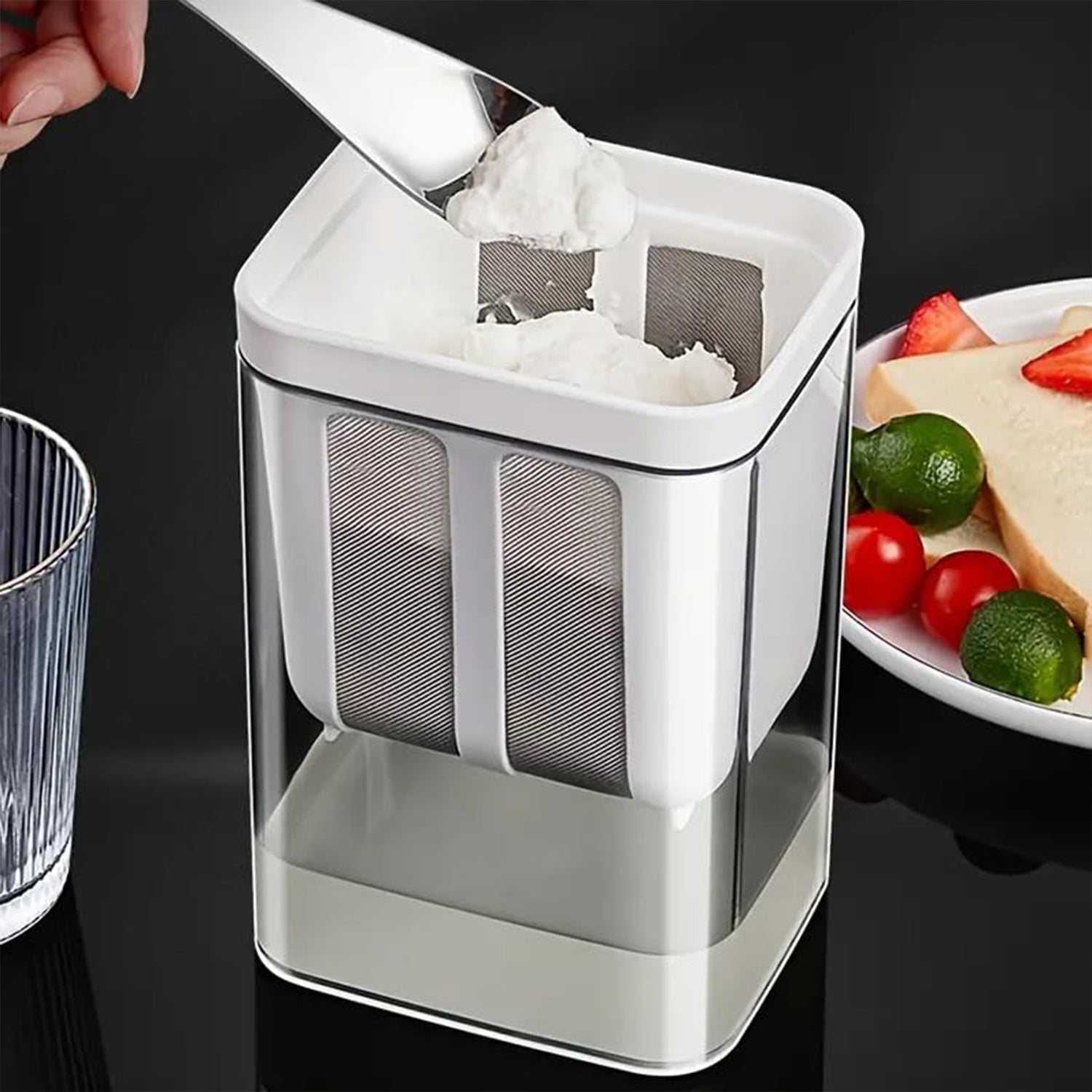 Front view of 2-in-1 yogurt strainer with storage container 1100ml capacity