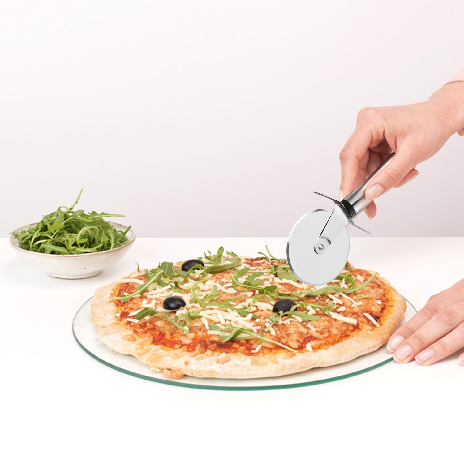 Close-up of the durable blade on a Stainless Steel Pizza Cutter.