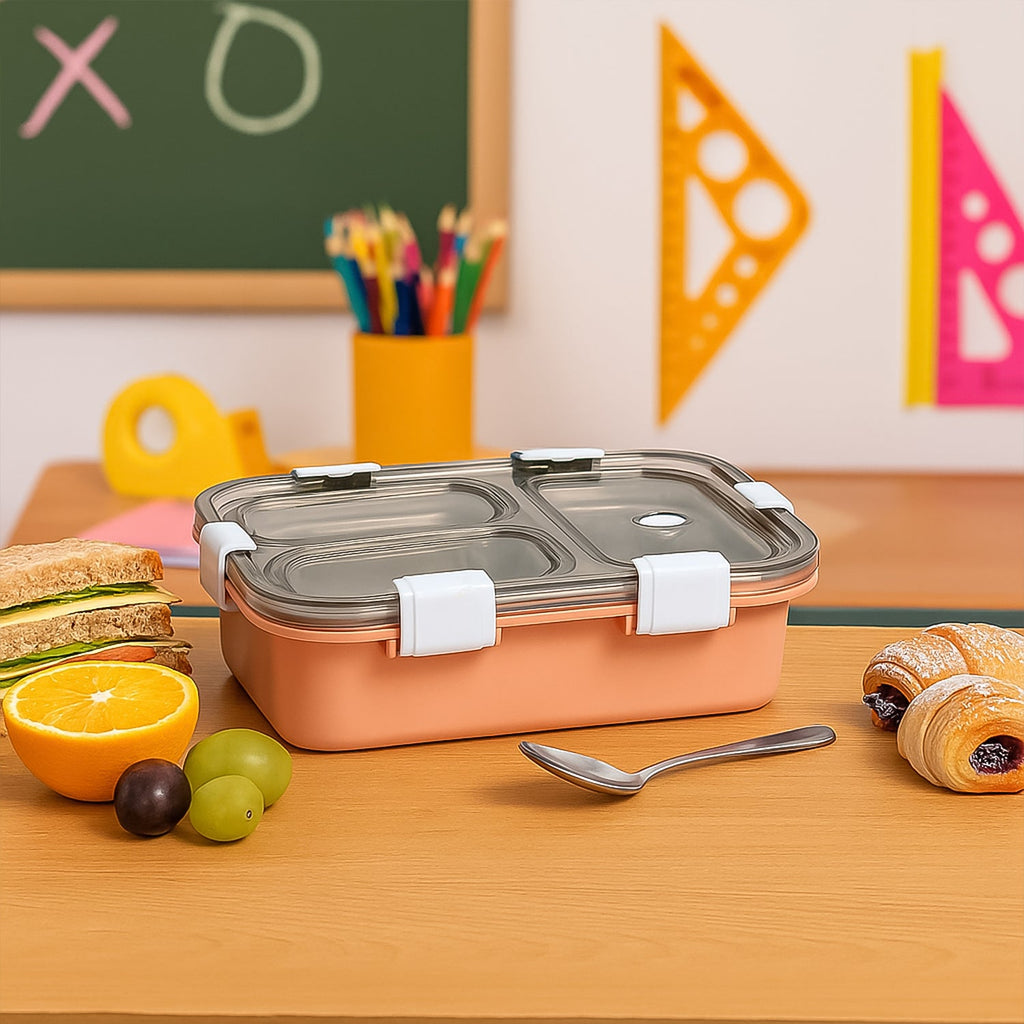 Top view of the 3-compartment lunch box, highlighting its sleek design and dividers.