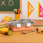 Top view of the 3-compartment lunch box, highlighting its sleek design and dividers.