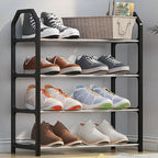 White folding shoe rack holding various pairs of shoes in a living room.