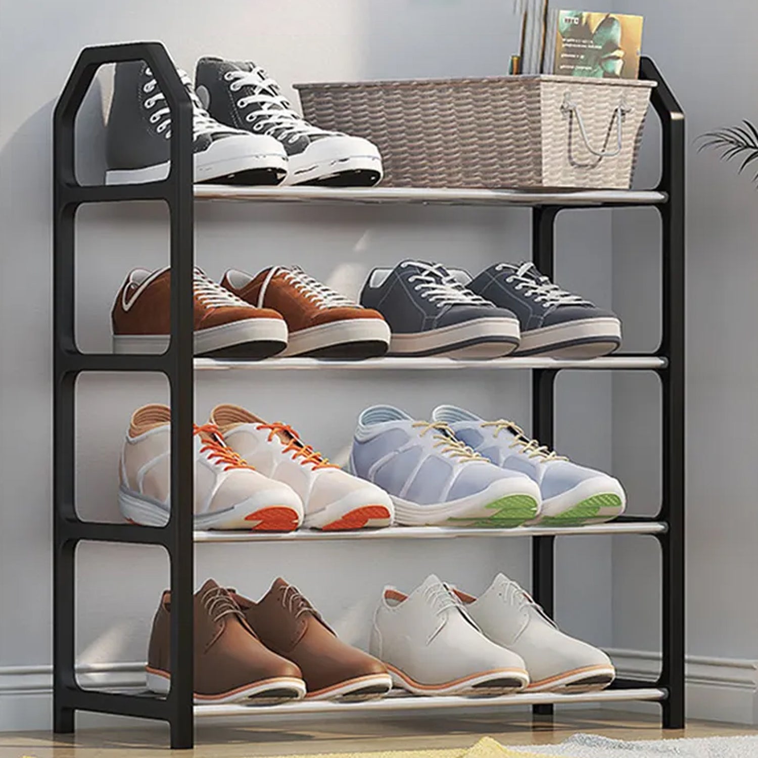White folding shoe rack holding various pairs of shoes in a living room.