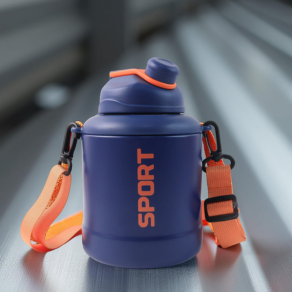 Mixed design vacuum sports bottle with easy carry strap