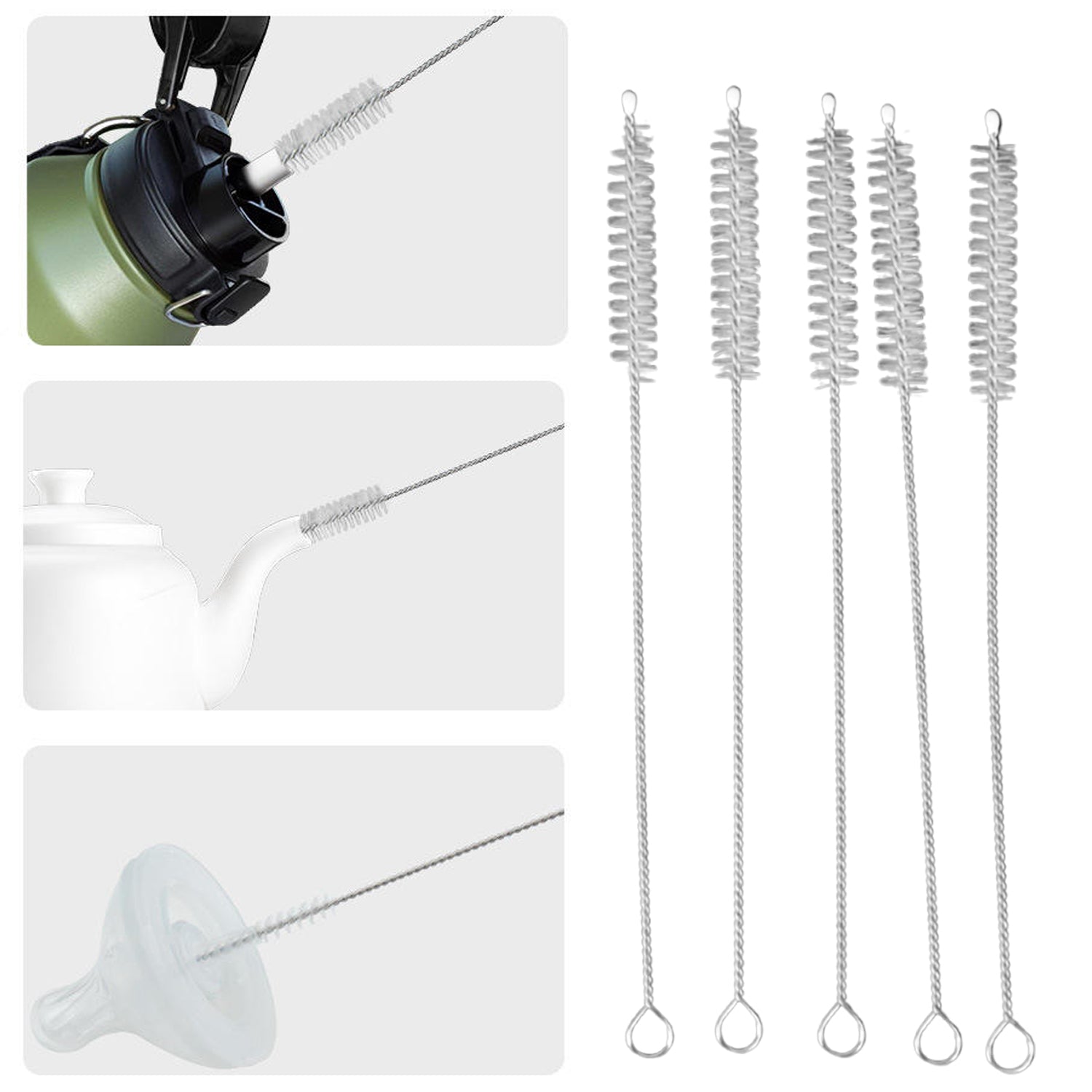 Flexible handle and hanging loop on a cleaning brush for straw and bottle hygiene