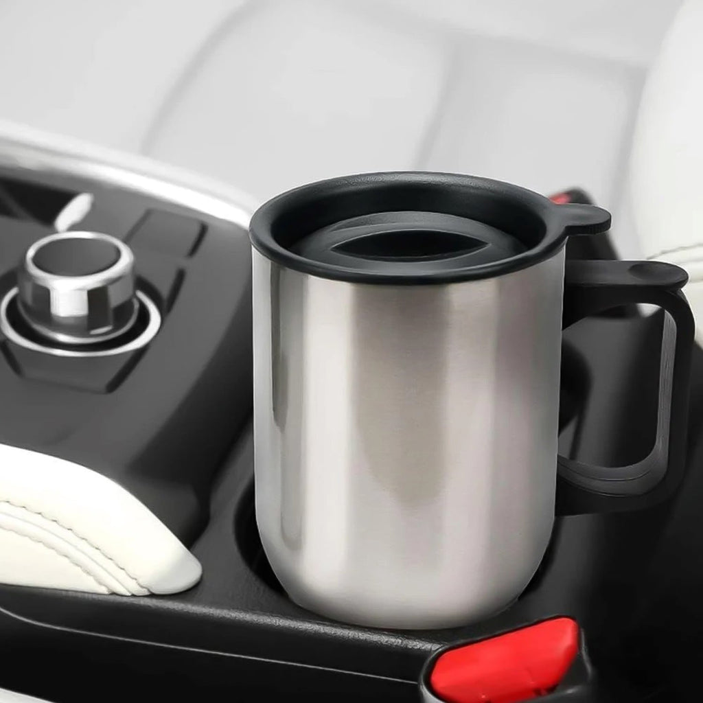 Durable stainless steel coffee cup with a comfortable grip handle.