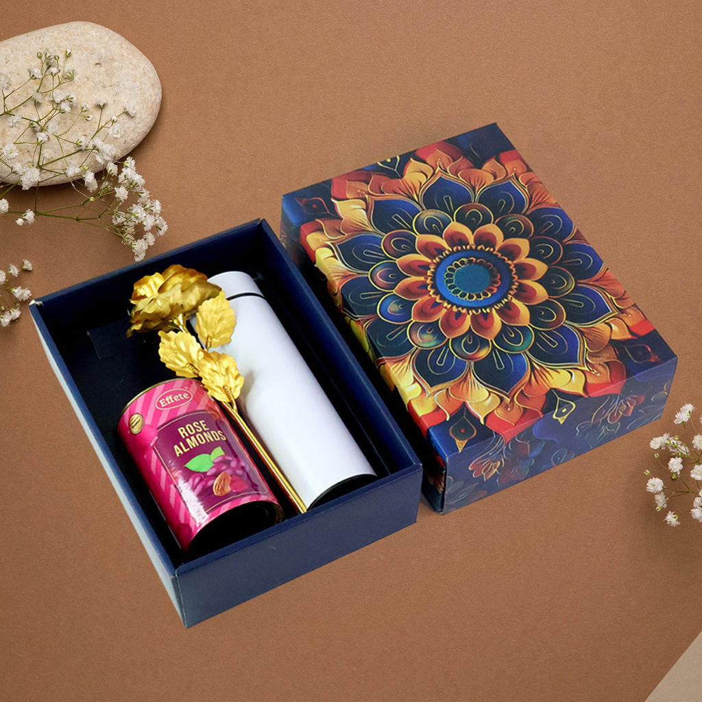 Designer luxury gift box for rose almonds hamper with golden rose and bottle