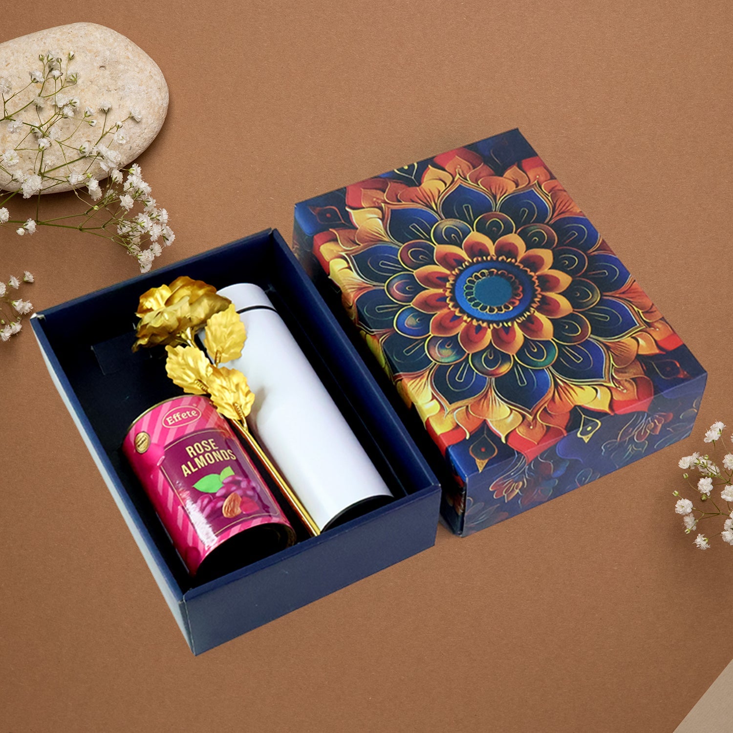 Designer luxury gift box for rose almonds hamper with golden rose and bottle