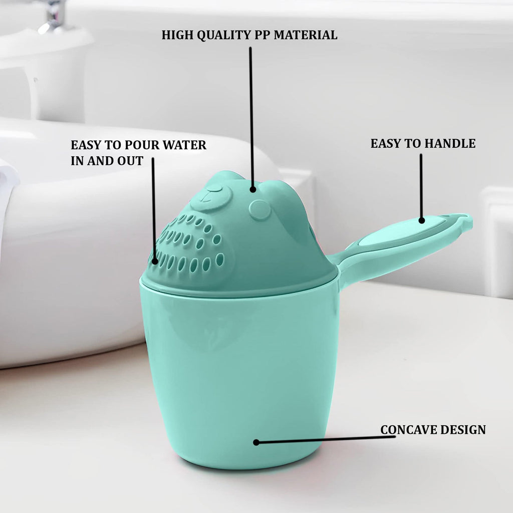 Angled view of the Baby Shampoo Shower Cup, highlighting its curved design for effective water runoff and eye protection.