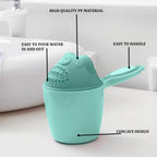 Angled view of the Baby Shampoo Shower Cup, highlighting its curved design for effective water runoff and eye protection.